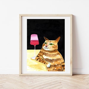 Art Print A3 - Cat Humour - Lady and Cat having drinks Funny Cat Watercolour Cat Lady Crazy Cat Lady Cat Lover Print