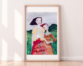 Art Print - A4, A5 or A6 Woman Supporting Woman  - Best Friends - Girl Power - Sisters Whimsical Illustration 2 Woman