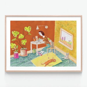 Art Print - Cat Lady writing with her 2 cats - Rusty Red Version - crazy cat lady - Isolation time whimsical illustration