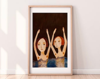 Art Print A3 - Swimming Girls - Wild Swimming - Body Positive Girl Power Feminist Woman Empowerment  - Whimsical Art Humour Quirky Ref.1