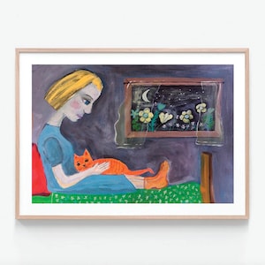 Art Print Woman on Bed with Ginger Cat Impressionist Figurative Whimsical