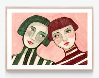 Art Print A4, A5 or A6 - Two Women Love & Kindness  - Whimsical Art Humour Quirky Art