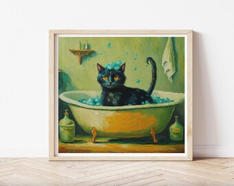 Black Cat in bath Print Ref105 Humour Funny cat artwork