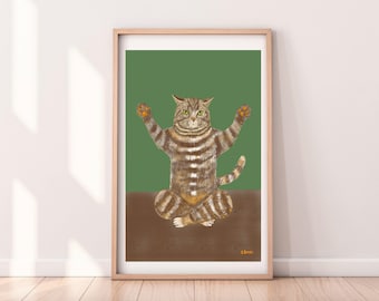Art Print A3 - Funny Cat Print Yoga Cat Artwork  - Whimsical Art Humour Quirky Art