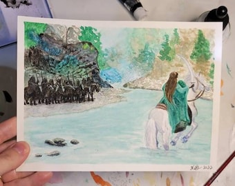 Waters of Bruinen, Arwen faces the Black Riders, Original Watercolor Painting 6x8