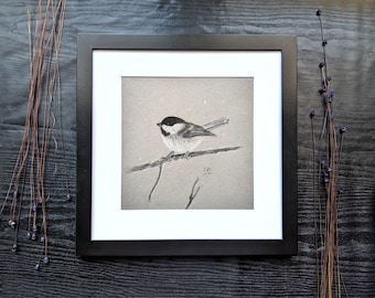 Chickadee Charcoal Drawing, Winter Bird Art on Toned Paper, Snowy Nature Wall Decor, Bird Lover Gift