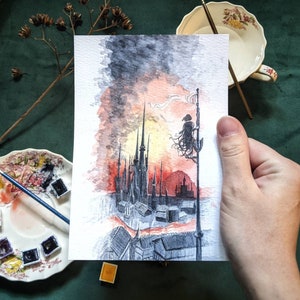 Luthadel Skyline, Mistborn Inspired Watercolor Print 5x7&quot;