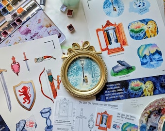 Narnia Gift Bundle | The Lion the Witch and the Wardrobe | Lucy at the Lamp Post Art Print | Aslan Bookmark | Narnia Stickers & Postcards