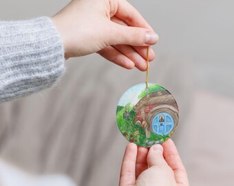 Ceramic Ornament, Hobbit Home Sunbeam Watercolor Decoration, Christmas Gift, Holiday Decor, Collectible Keepsake, Home Decor Accent, Tree