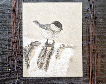 Chickadee Art Print, Winter Bird Charcoal Drawing, Cozy Nature Wall Decor