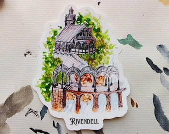 Watercolor Elven Valley Sticker, Enchanted Landscape Decal, Bookish Gift