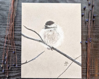 Chickadee Bird Print, Winter Wildlife Art, Snowy Charcoal Illustration, Neutral Cottagecore Wall Decor