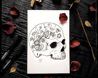 Skull with Flowers Art Print, Christian Wall Art, Faith and Hope Decor, Gothic Botanical Drawing, Isaiah 26:3, Dark Cottagecore Art