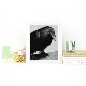 Raven Charcoal Drawing – Gothic Bird Wall Art, Black and White Raven Portrait, Crow Art Print, Dark Nature Decor, Raven Portrait