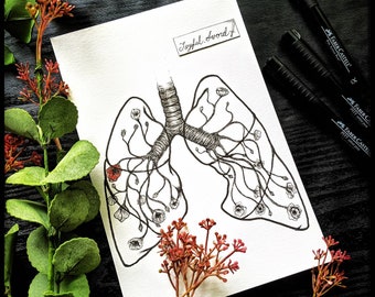 Anatomical Lungs Original Art, Lungs with Flowers Ink Drawing, Christian Art, Botanical Gothic Wall Decor, Breath of Life Art