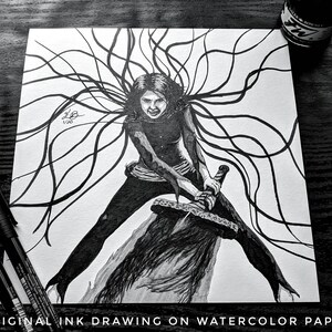 May include: Black and white ink drawing of a woman with long, flowing hair holding a sword. The woman is wearing a dark outfit and has a determined expression on her face. The drawing is on watercolor paper and has a dramatic and powerful feel.