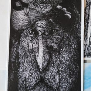 May include: Black and white illustration of a bearded figure with a long nose and a crown of leaves. The detailed artwork features intricate linework, creating a textured appearance. The image is printed on a white rectangular card.