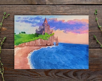 Seaside Castle Watercolor Print: Coastal Fantasy Art