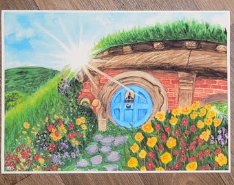 The Sun Will Shine Out The Clearer- Hobbit Hole watercolor painting, blue hobbit door, tolkien inspired art