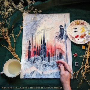 Luthadel Skyline, Mistborn inspired Watercolor Painting print, mistborn poster, hill of 1000 spires, castle skyline, kredik shaw Skyline