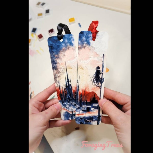 Mistborn bookmark, Vin overlooking the hill of one thousand spires, Luthadel Skyline Watercolor bookmark