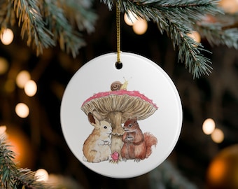 Rabbit and Squirrel Tea Party Ceramic Ornament, Woodland Christmas Decor