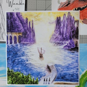 May include: Watercolor painting of a coastal landscape with purple mountains, a bridge, and a sailboat on the water. The sky is yellow and the water is blue. The text "NOT ALL WHO Wander ARE" is in the upper left corner.