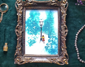 Narnia Lamppost Scene Painting – Lucy Steps Into Winter Forest Art
