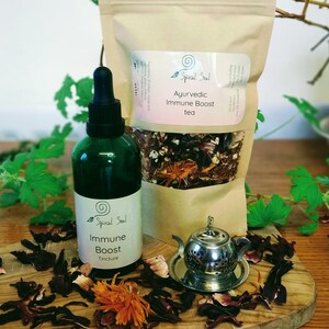 Immune support collection, Immune boost tincture, Ayurvedic herbal tea and tiny teapot tea strainer