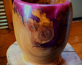 Fallen Tree Violet Resin and Fragile Ash Wood Elliptical Pot or Flower Holder