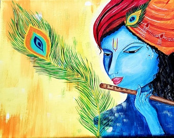 Hand painted Lord Krishna plying flute