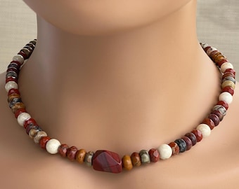 Picasso Red Creek Jasper, Fossil Jasper, Faceted Jasper, Hill Tribes Silver; OOAK Multi-Gem Necklace
