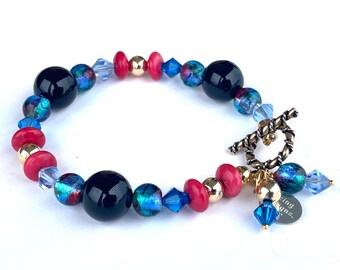 Black Onyx, Red Howlite, Teal Dichroic Glass, Crystals, Gold Plated Bracelet; OOAK Jewel Tone