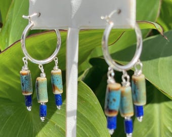 OOAK Chandelier Earrings; Sterling Silver Hoops, Lapis Lazuli, Ceramic Beads