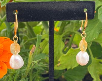 Baroque Pearl Citrine Earrings, Gold Plated, November & June Birthstones