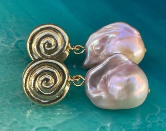 Gold Plated Swirl Posts, Natural Purple Pink Peach Fireball Baroque Pearl Earrings; OOAK