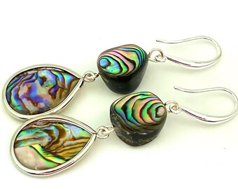 Natural Abalone Paua Shell Silver Teardrop Earrings; OOAK Rainbow Abalone Designs