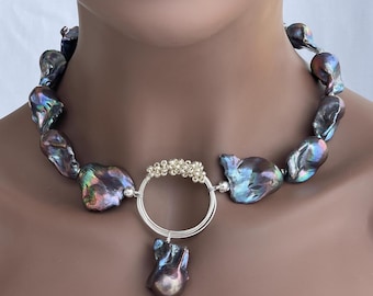 Jumbo Iridescent Black Peacock Fireball Pearls, Silver Plated Hoop, Beads, Clasp; OOAK BOLD Necklace