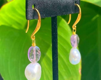 Natural Freshwater White Baroque Pearls, Purple Amethyst, Gold Plated Ear Wires; February June Birthstones
