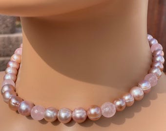 Natural Freshwater Lavender & Pearl Rose Quartz Necklace, Sterling Silver Plated Adjustable Chain; Pink Silver