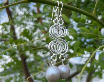 Silver Plated Swirl Drop Earrings, .925 Sterling Silver Ear Wires, Natural Light Gray Freshwater Pearls