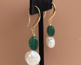 Natural Freshwater White Baroque Pearls, Deep Green Serpentine, Gold Plated Ear Wires