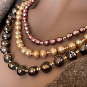 19.5&quot; Necklace/Earring Set ~ 3 Strand Cultured Pearls, Gold Czech Glass, GP Tab Leaf Clasp, 14kt GF Ear Wires; Birthday/Anniversary Gift!