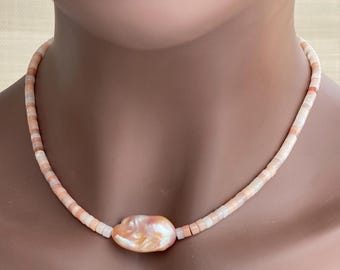 Natural Peach Aventurine, Natural Pink Jumbo Fireball Pearl Necklace; Adjustable Sterling Silver Clasp