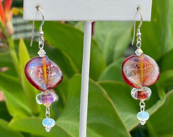 Lampwork Glass Beads, Opalite Sea Glass, Swarovski Crystals, Sterling Silver Ear Wires; OOAK Jewelry