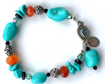 Natural Carnelian, Chalk Turquoise, AB Swarovski Crystal, Czech Glass, Sterling Silver Labradorite Clasp Bracelet