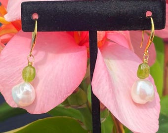 Baroque Pearl Earrings, Peridot, Gold-Plated, August & June Birthstone