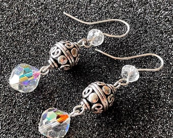 Natural Quartz Crystal, Vintage Aurora Borealis Crystals & Sterling Silver Earrings; OOAK Dangle Jewelry