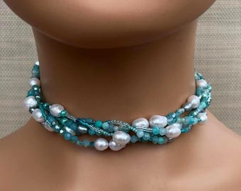 Adjustable 5-Strand Choker; Caribbean Blue/White/Silver; Akoya & Baroque Pearls, Amazonite, Apatite, Chalcedony