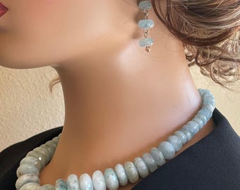 Natural Aquamarine Necklace Earring Set, Swarovski Crystal, .925 Sterling Silver
